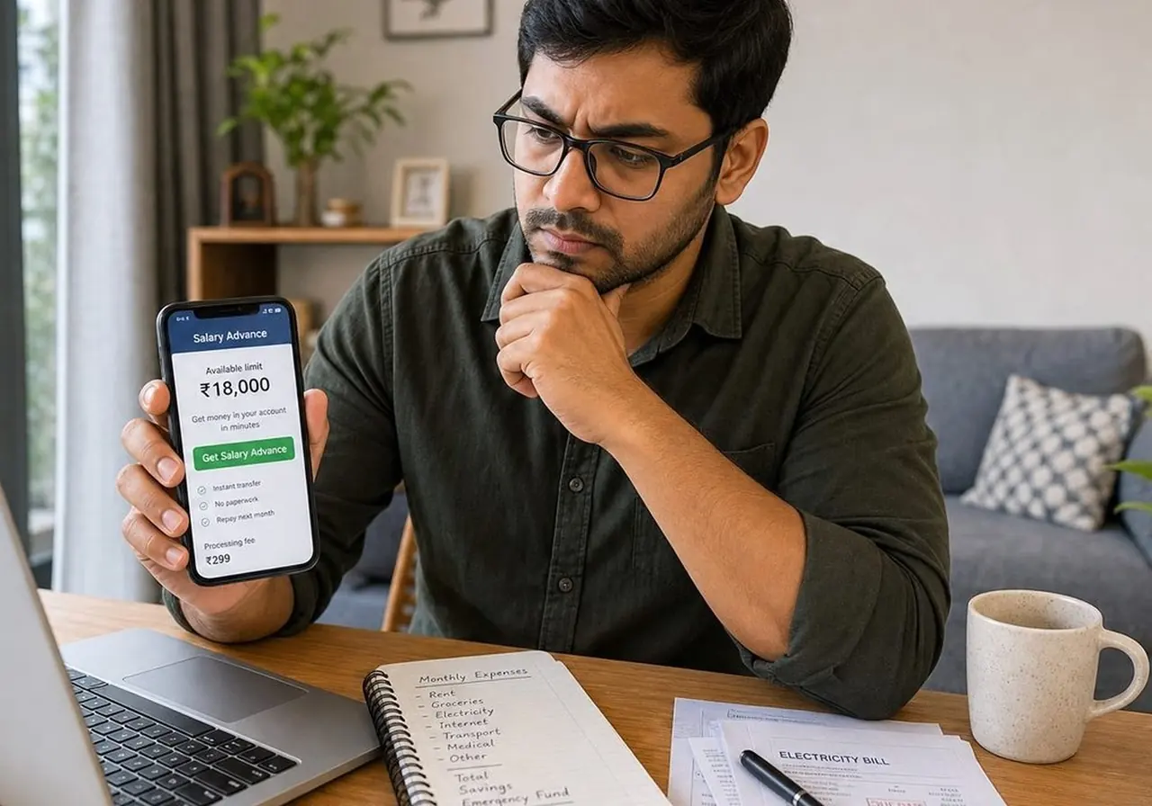 Indian borrower reviewing bank personal loan papers and digital loan app offer side by side