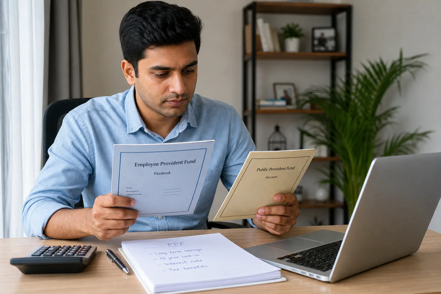 Indian salaried employee reviewing EPF and long-term retirement savings