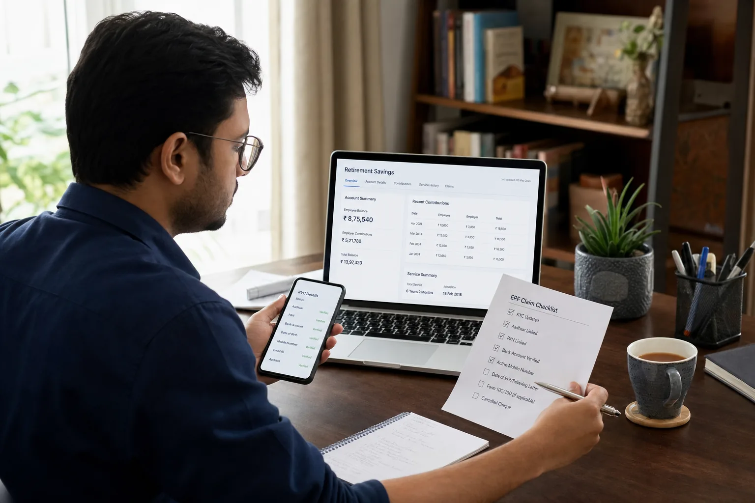 Indian employee reviewing provident fund account records