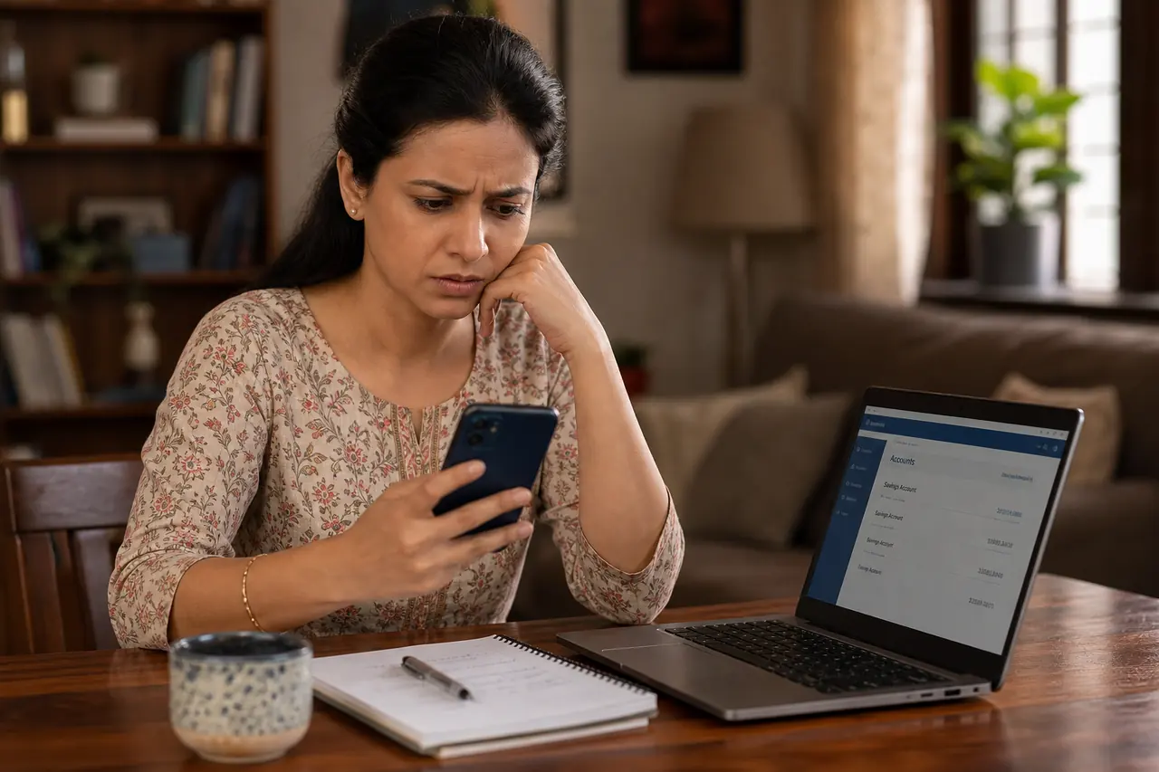 Indian woman checking a suspicious KYC update message on her phone while comparing bank details on a laptop