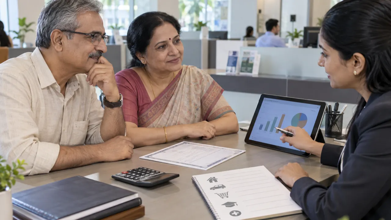 Indian couple discussing fixed deposit maturity and renewal options with a bank officer