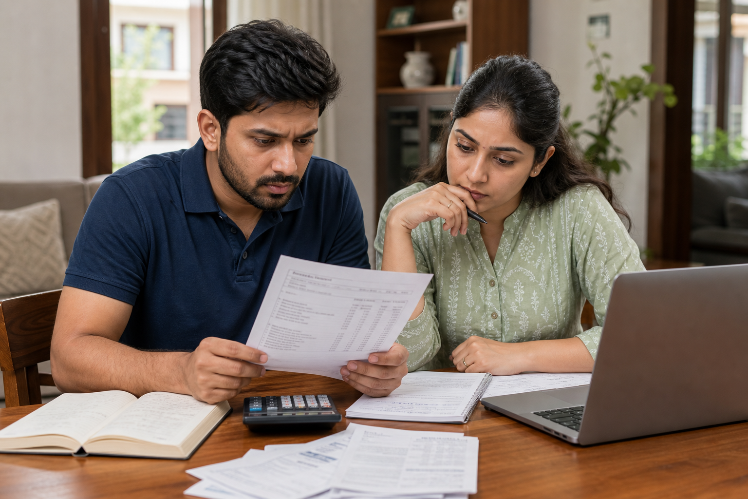 Indian saver comparing a fixed deposit certificate with urgent expenses and calculator at home