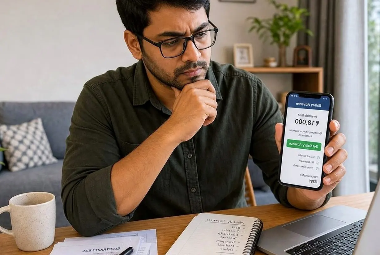 Indian salaried borrower reviewing fintech loan approval details and EMI options on a phone