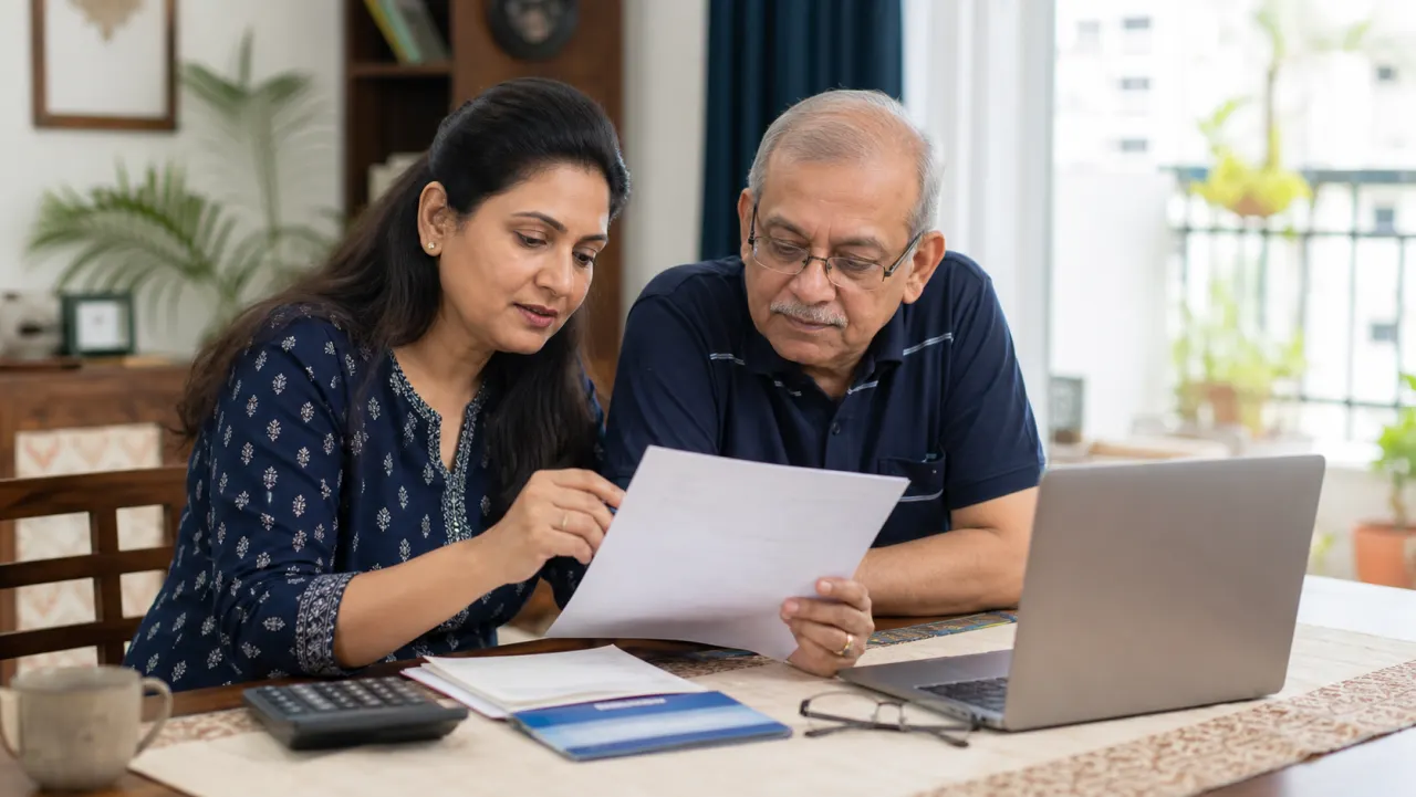 Indian woman and her senior father reviewing fixed-deposit papers and a nil-TDS declaration for Form 121