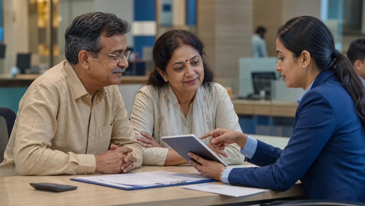 Indian senior couple discussing a Form 121 nil-TDS declaration with a bank employee