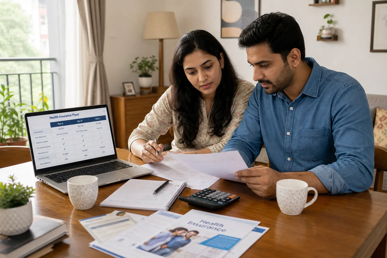 Indian salaried couple reviewing health insurance plans at home with laptop, calculator, and policy papers
