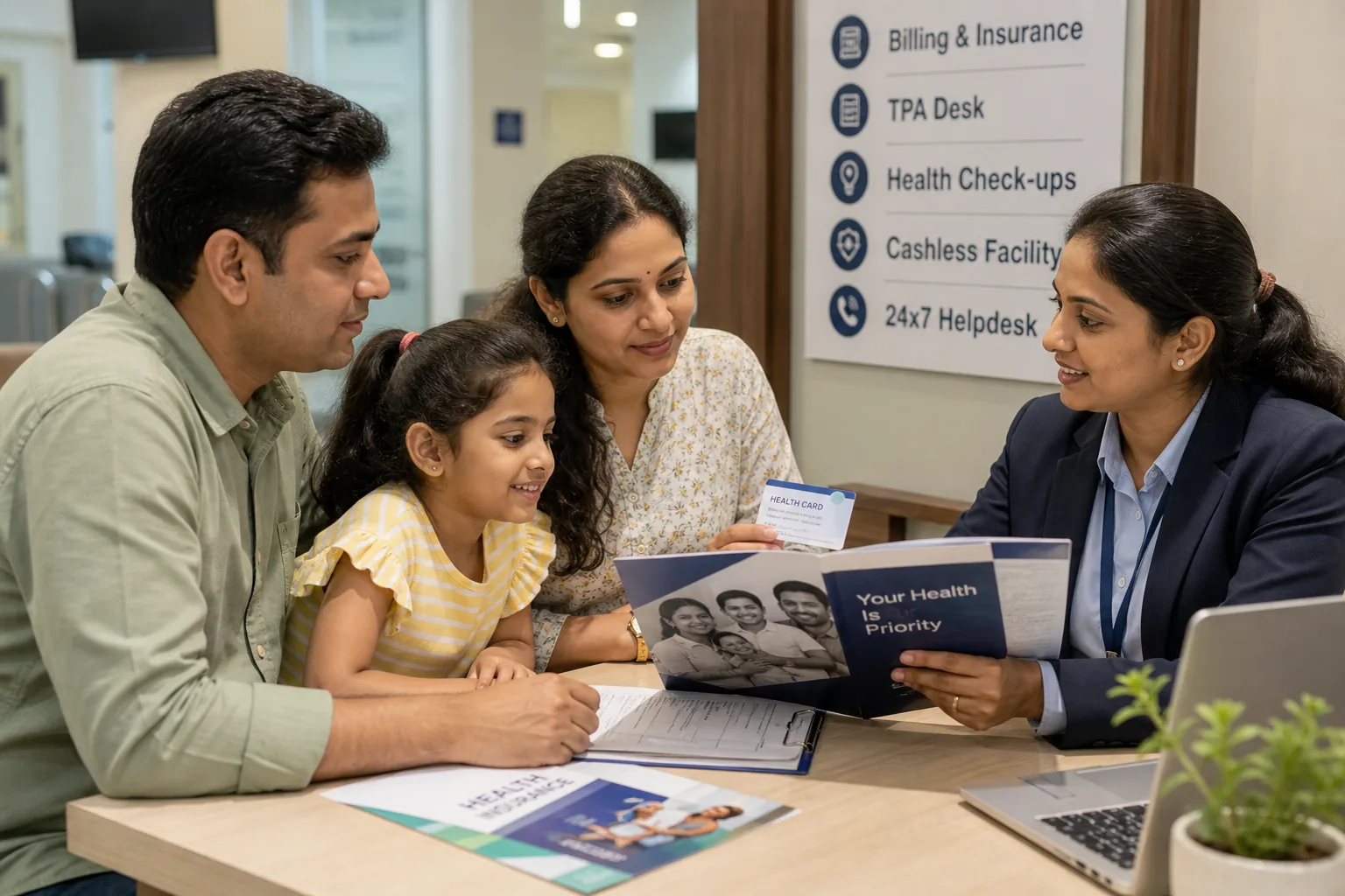 Indian family at a hospital support desk reviewing health card and insurance file with staff member