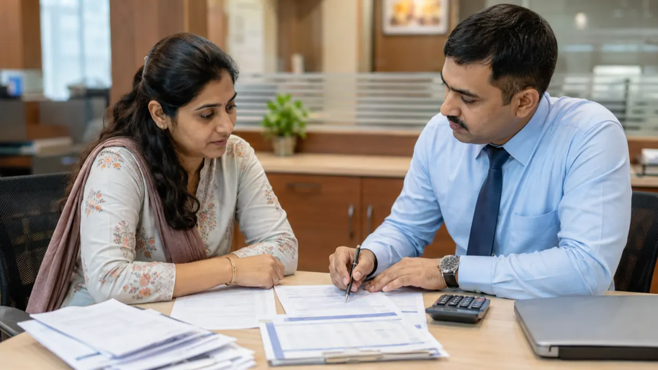 Indian borrower reviewing home loan transfer documents with a bank officer