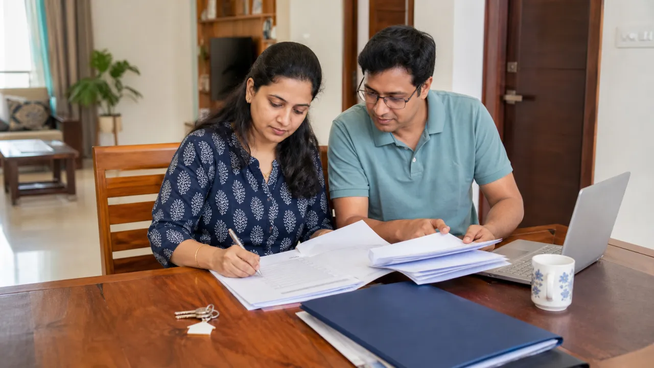 Indian homeowners checking returned property documents and a home loan closure checklist at home