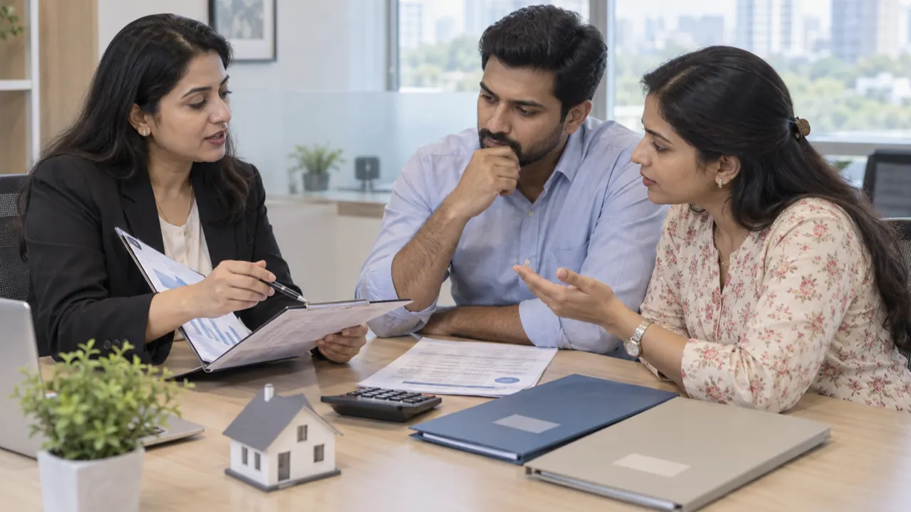 Indian couple asking a financial adviser about home loan protection and term insurance