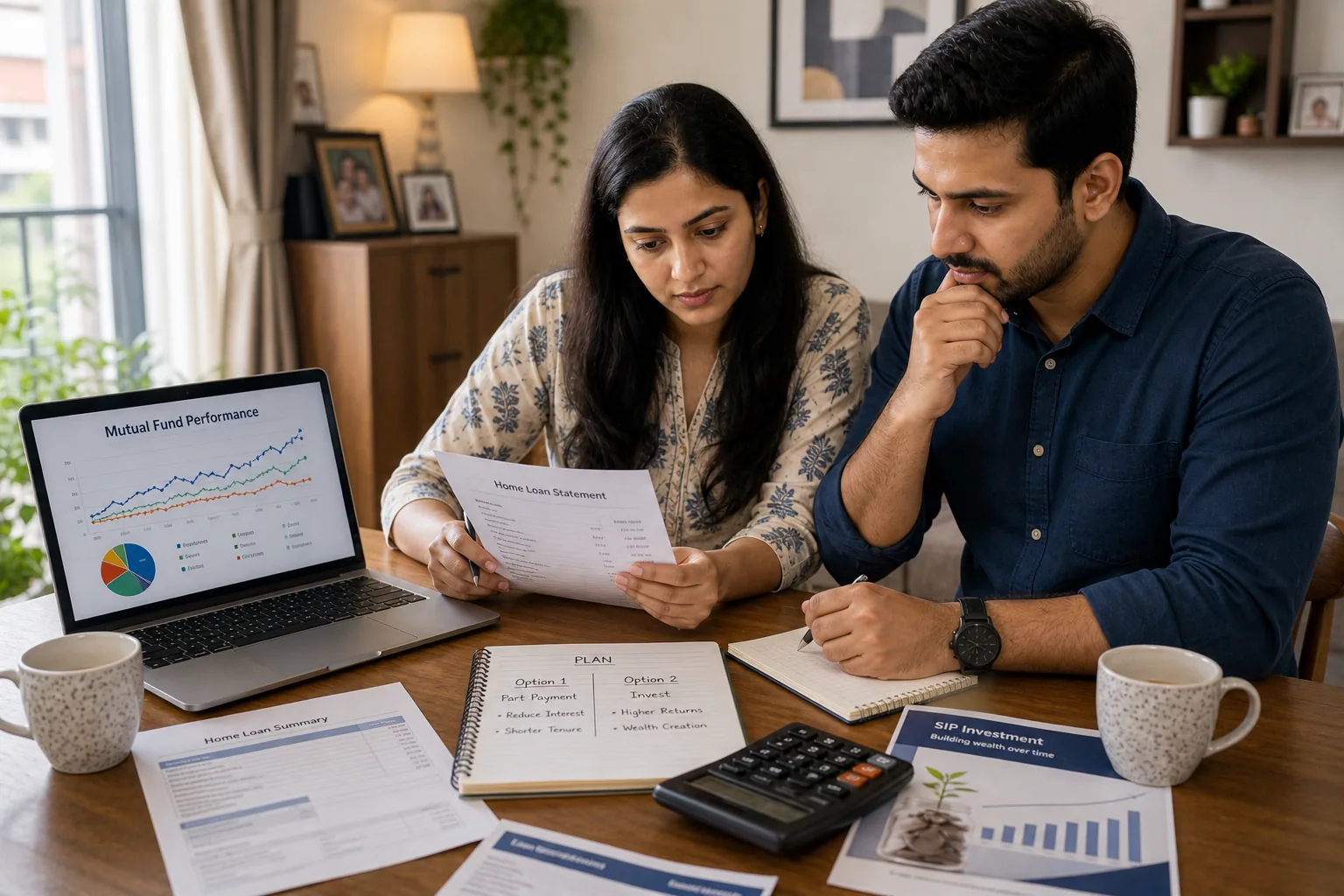 Indian couple comparing home loan papers and investment chart on a laptop at home