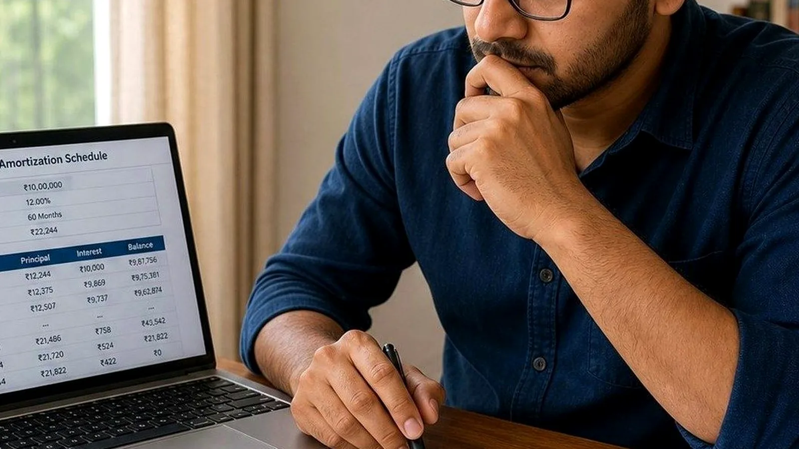 Indian home loan borrower reviewing EMI changes and floating rate details on a laptop at home