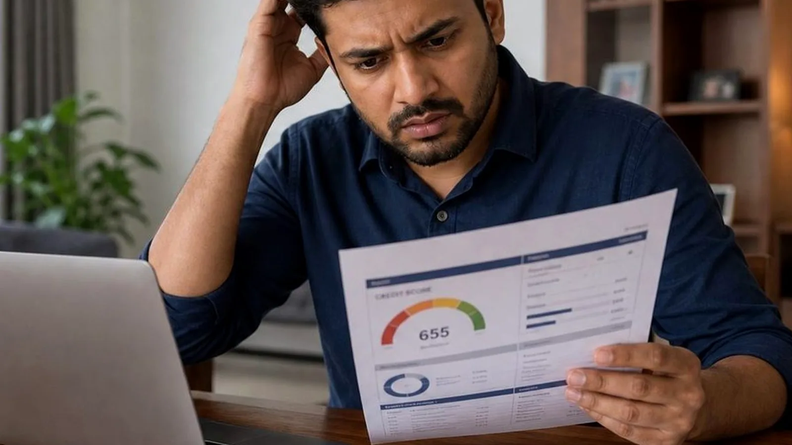 Indian home loan borrower reviewing statement details on a laptop with loan papers on the table