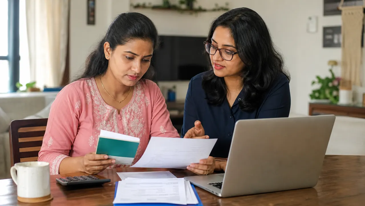 Indian salaried woman reviewing bank account and tax documents with a financial professional before a refund reissue request