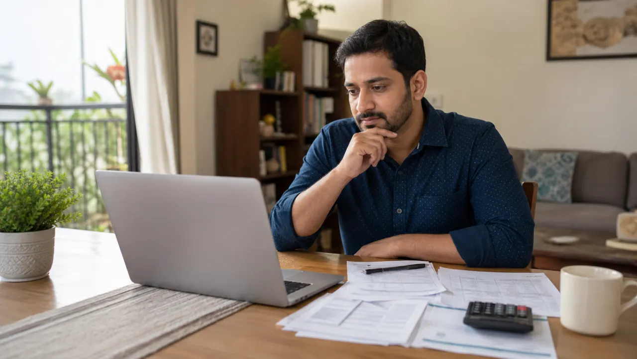 Indian salaried professional checking a delayed income tax refund status on a laptop with tax papers and a calculator