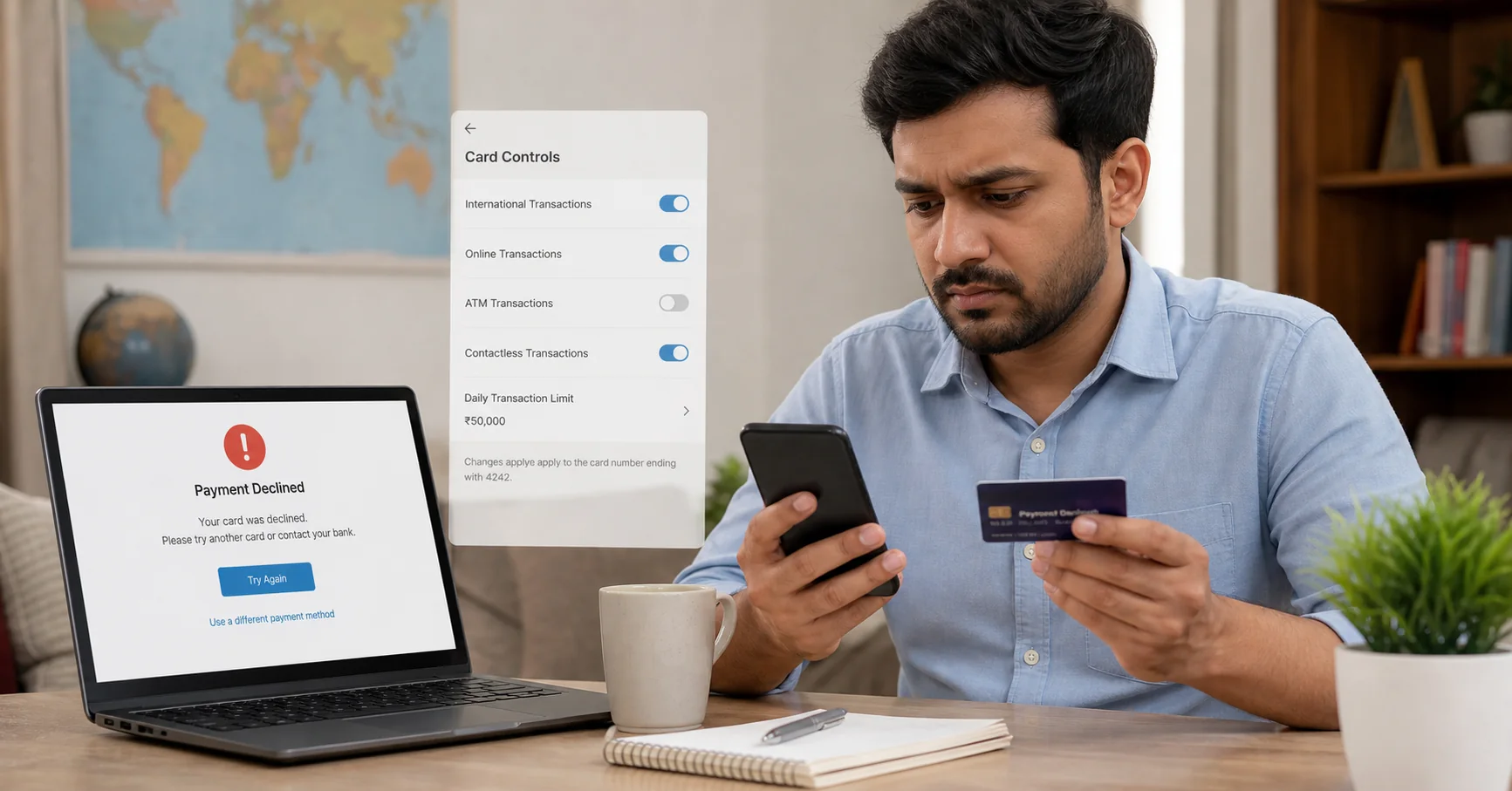 Indian salaried man reviewing a declined international debit card payment on a laptop and phone while holding a debit card