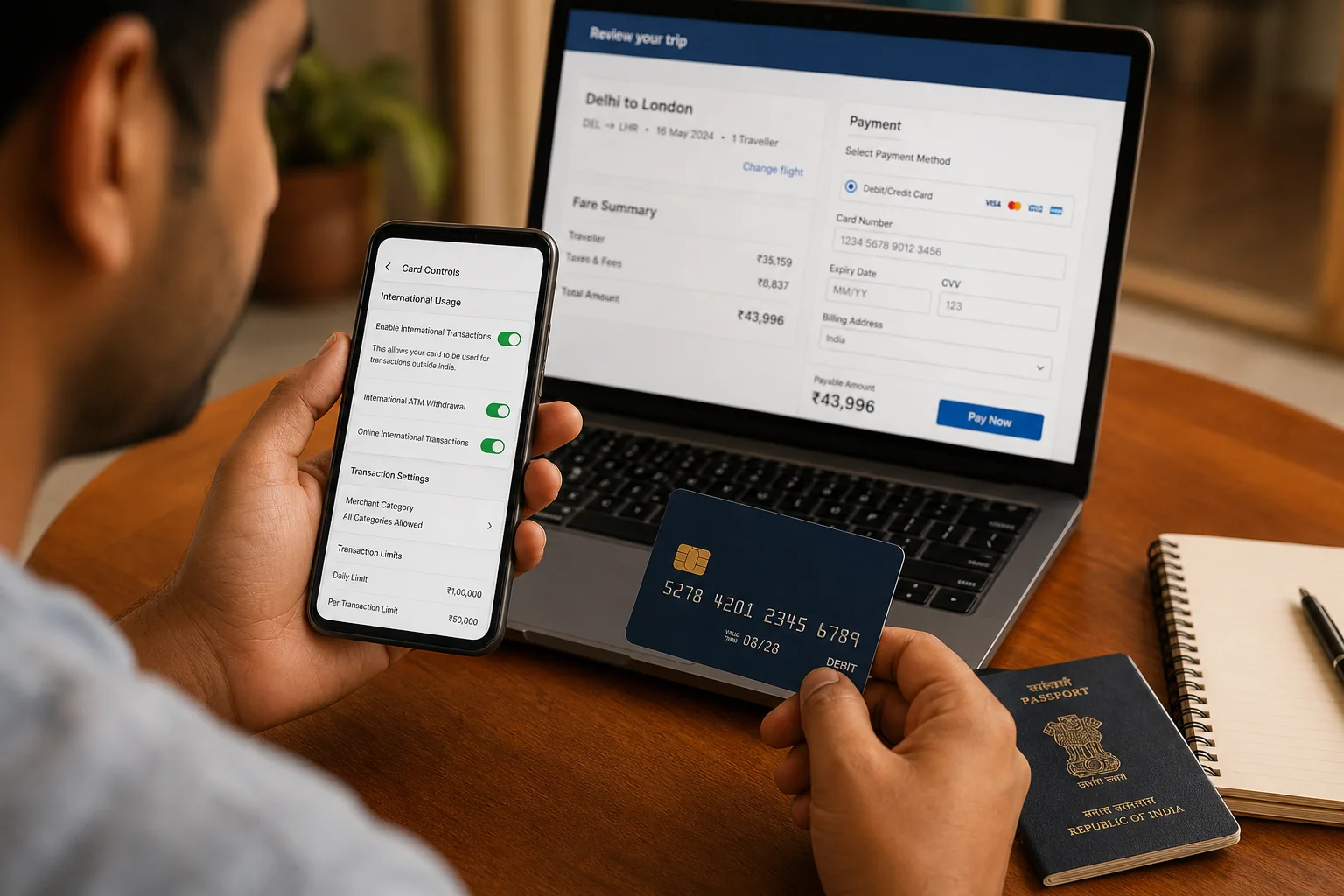 Indian user checking international debit card settings on a phone while reviewing an overseas travel booking payment on a laptop
