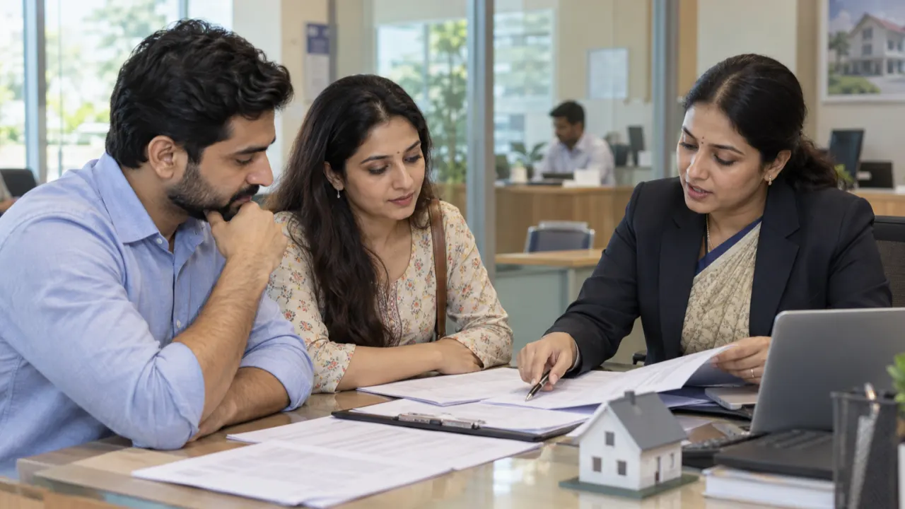 Indian couple reviewing joint home loan documents with a bank officer