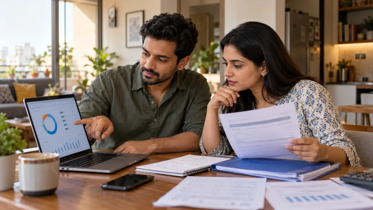 Indian couple reviewing documents to identify why money is blocked in a bank account