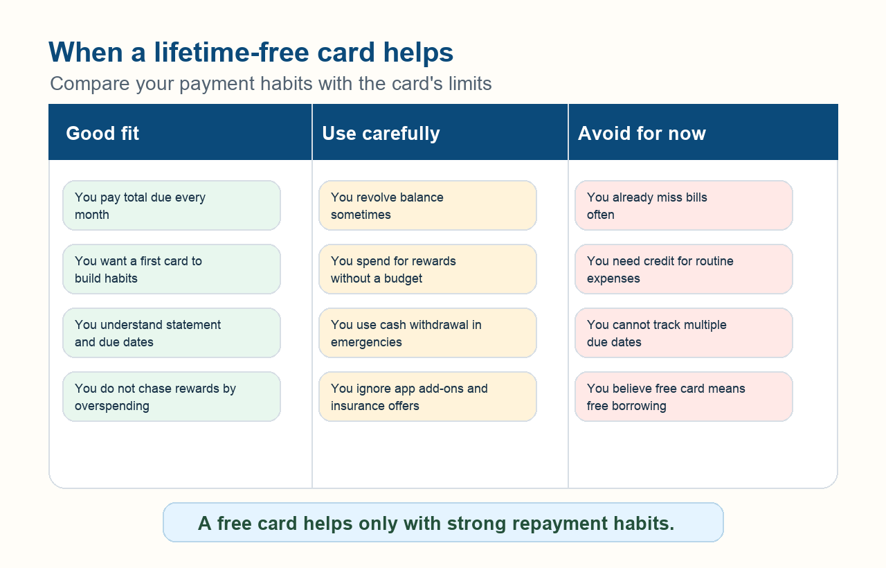 Comparison graphic showing who should use a lifetime-free credit card carefully or avoid it