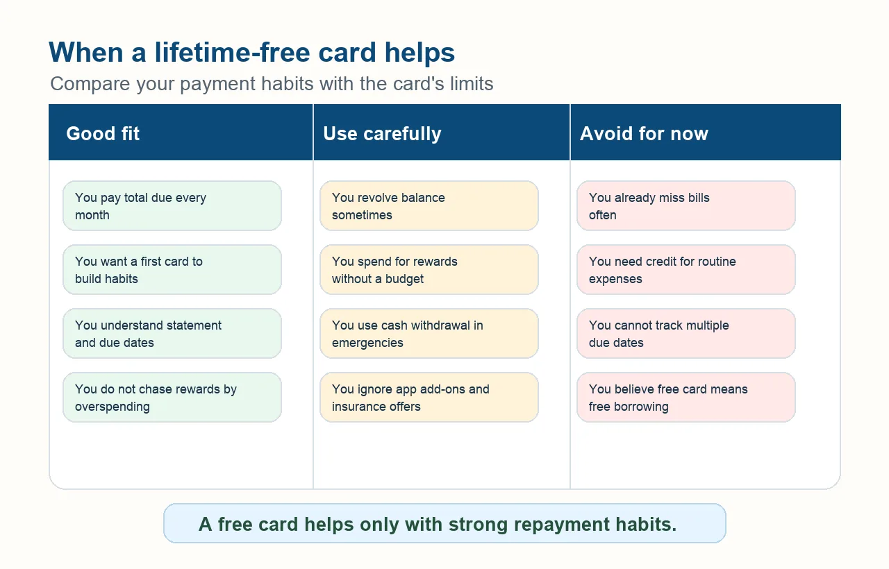 Comparison graphic showing who should use a lifetime-free credit card carefully or avoid it
