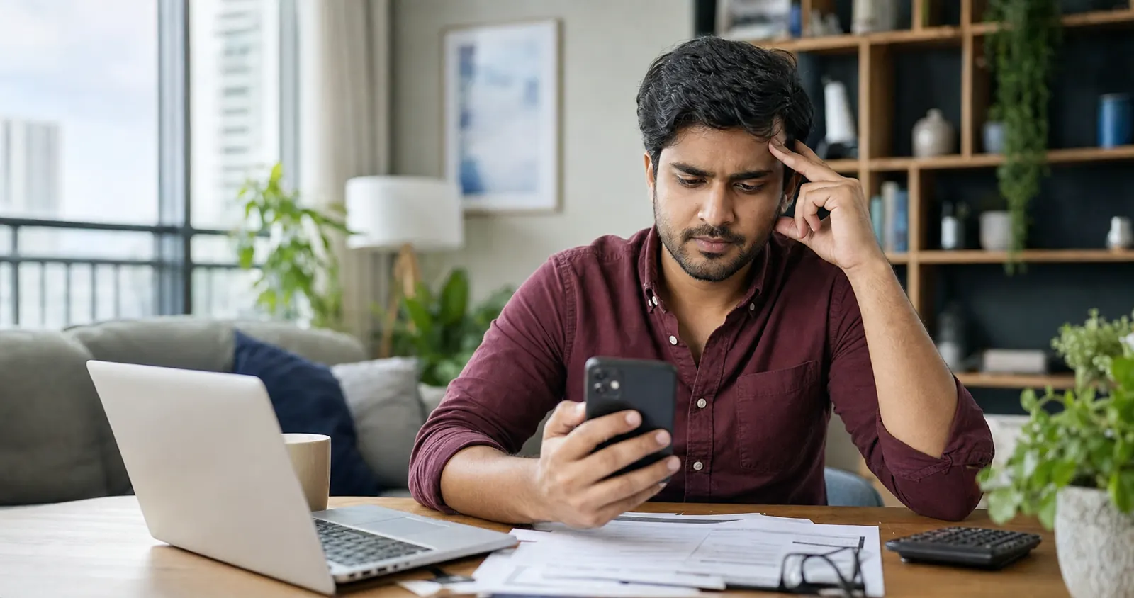 Indian man checking a credit card app after payment while reviewing account papers at home