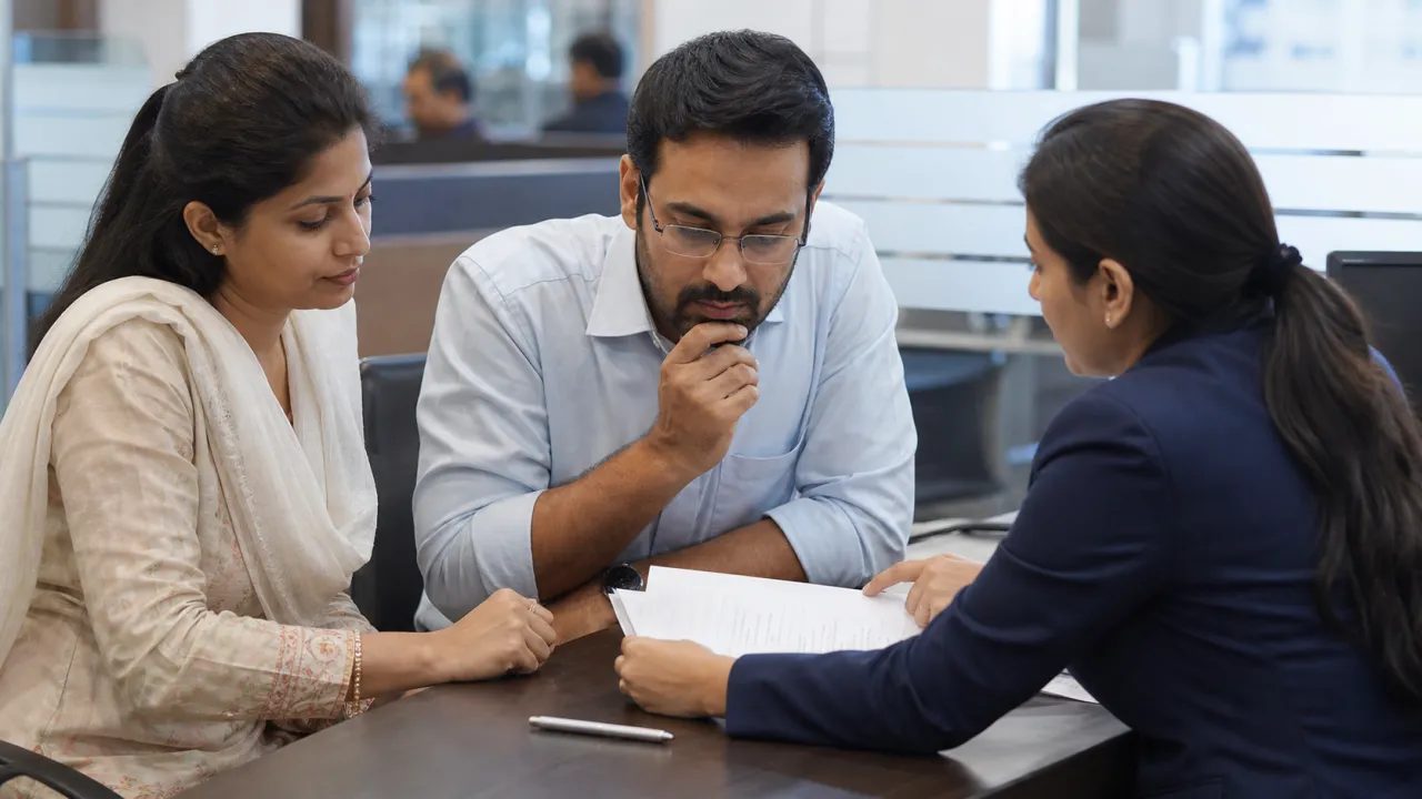 Indian professional reviewing a loan guarantee agreement with a borrower and bank officer
