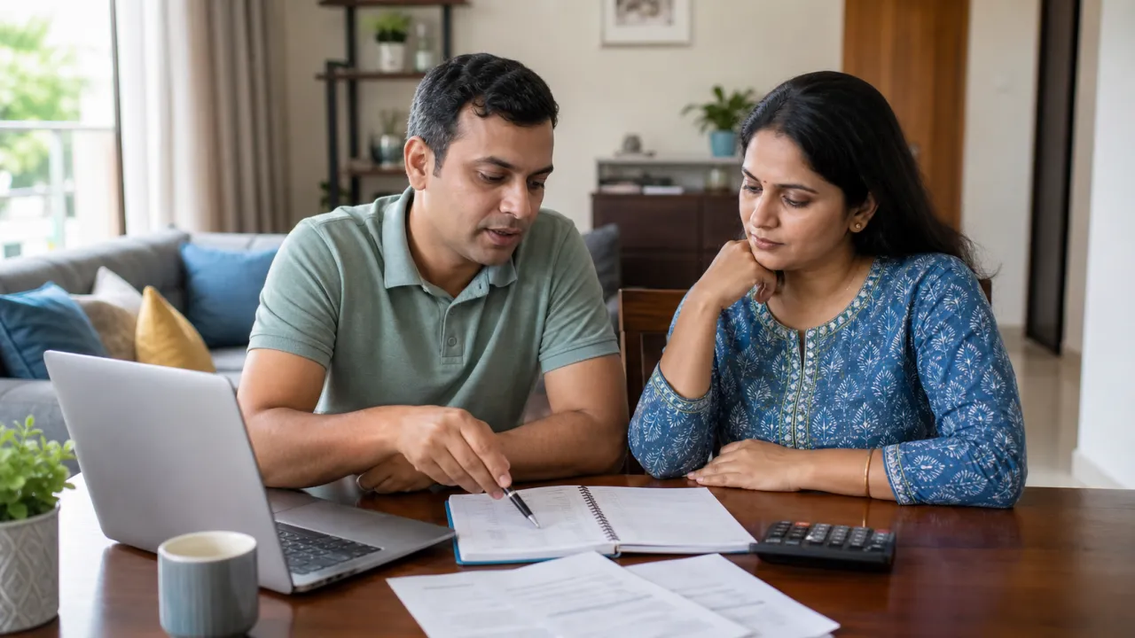 Indian couple reviewing their household budget before agreeing to guarantee a relative's loan