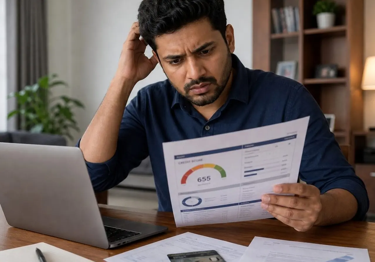 Indian borrower reading loan sanction terms on a phone before accepting