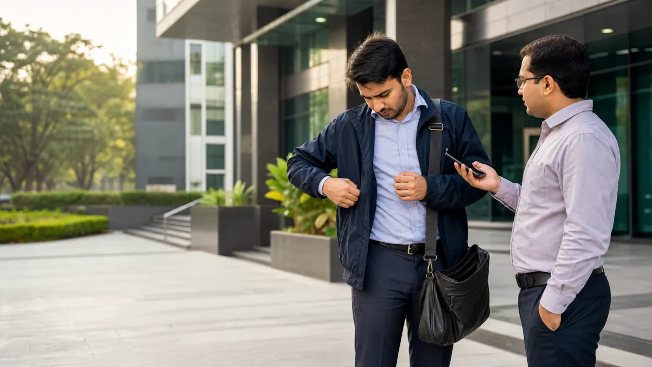 Indian salaried employee checking his work bag after losing a phone while a colleague offers help