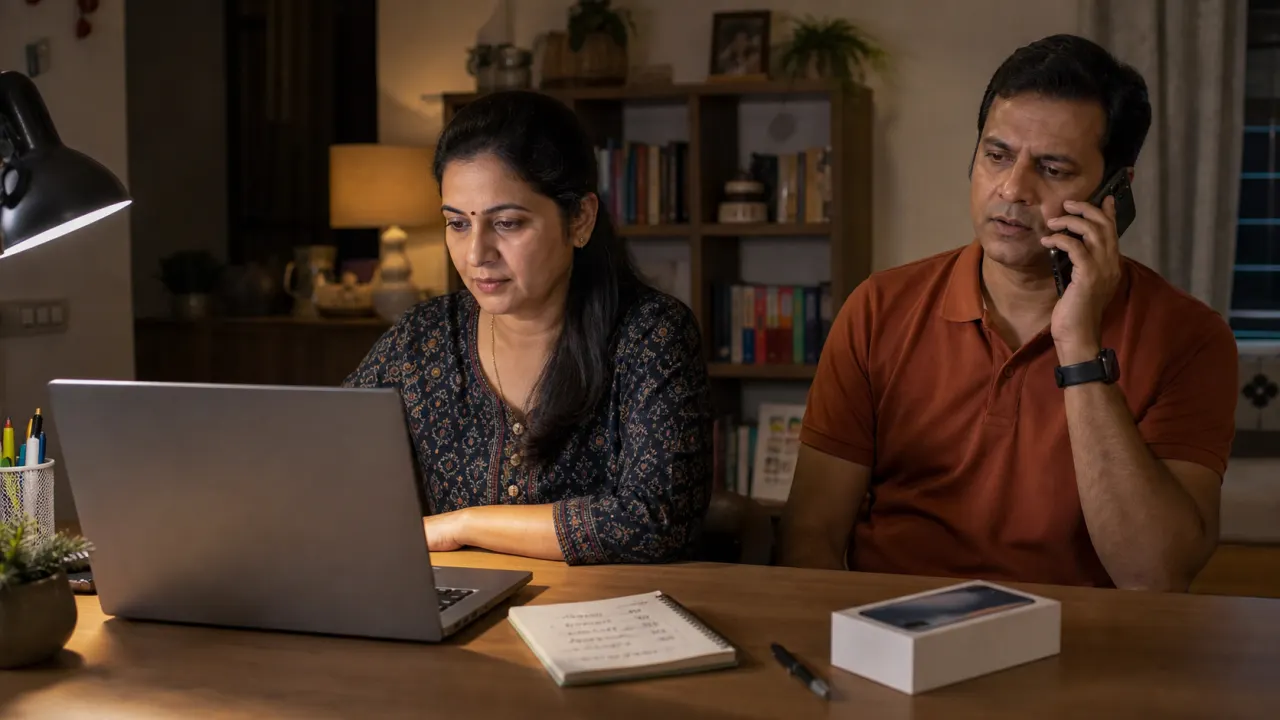 Indian couple using a laptop and replacement phone to block a lost mobile and contact financial providers