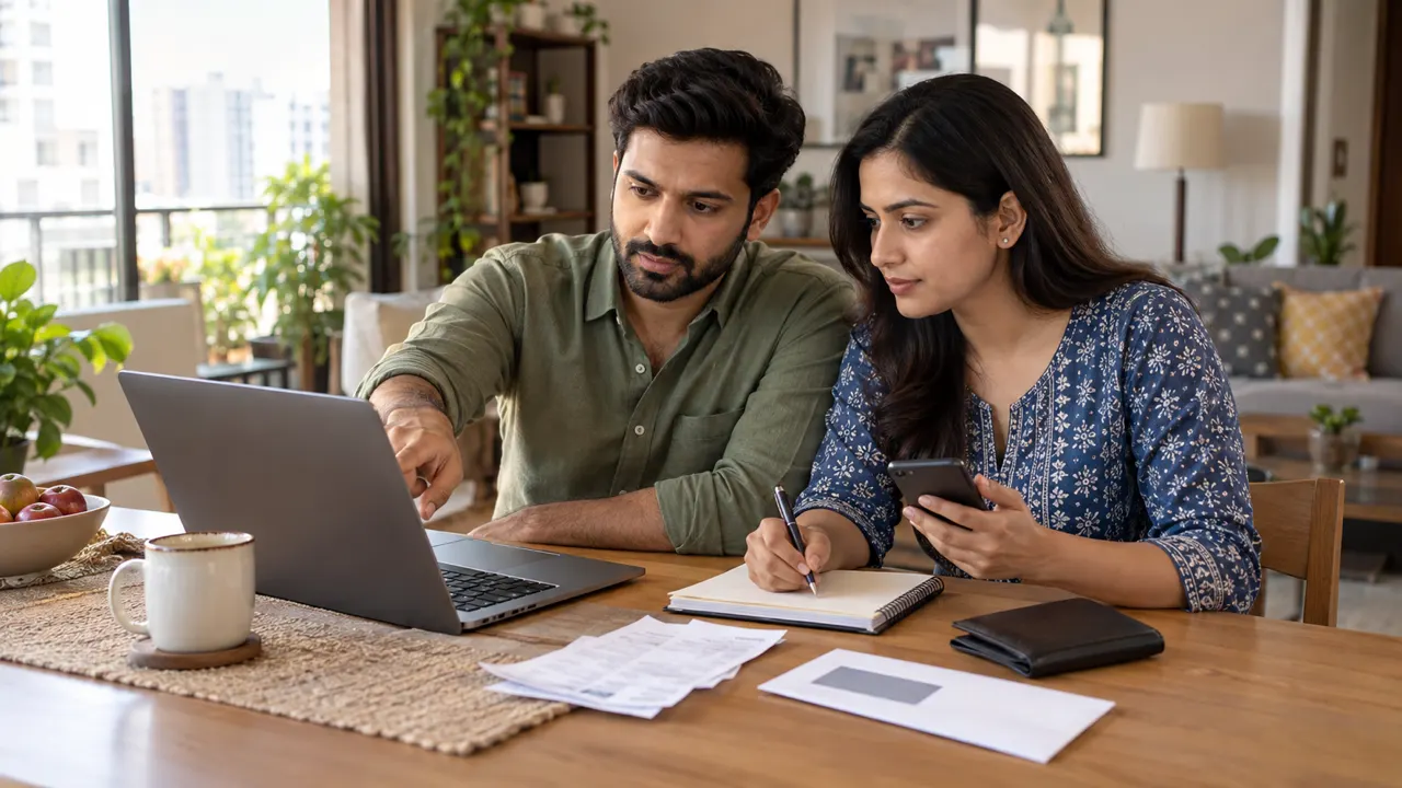 Indian couple reviewing a credit card statement and recording a fraud complaint reference