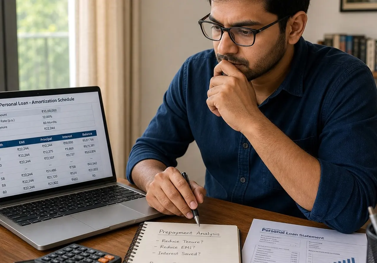 Indian borrower reviewing loan rates and EMI options on a laptop at home