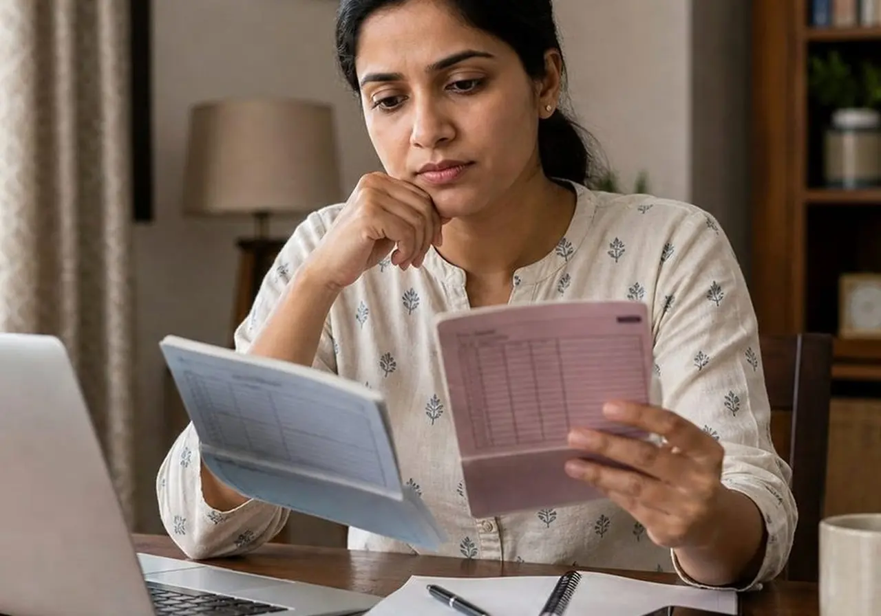 Indian salaried user reviewing salary bills and savings in separate account planning