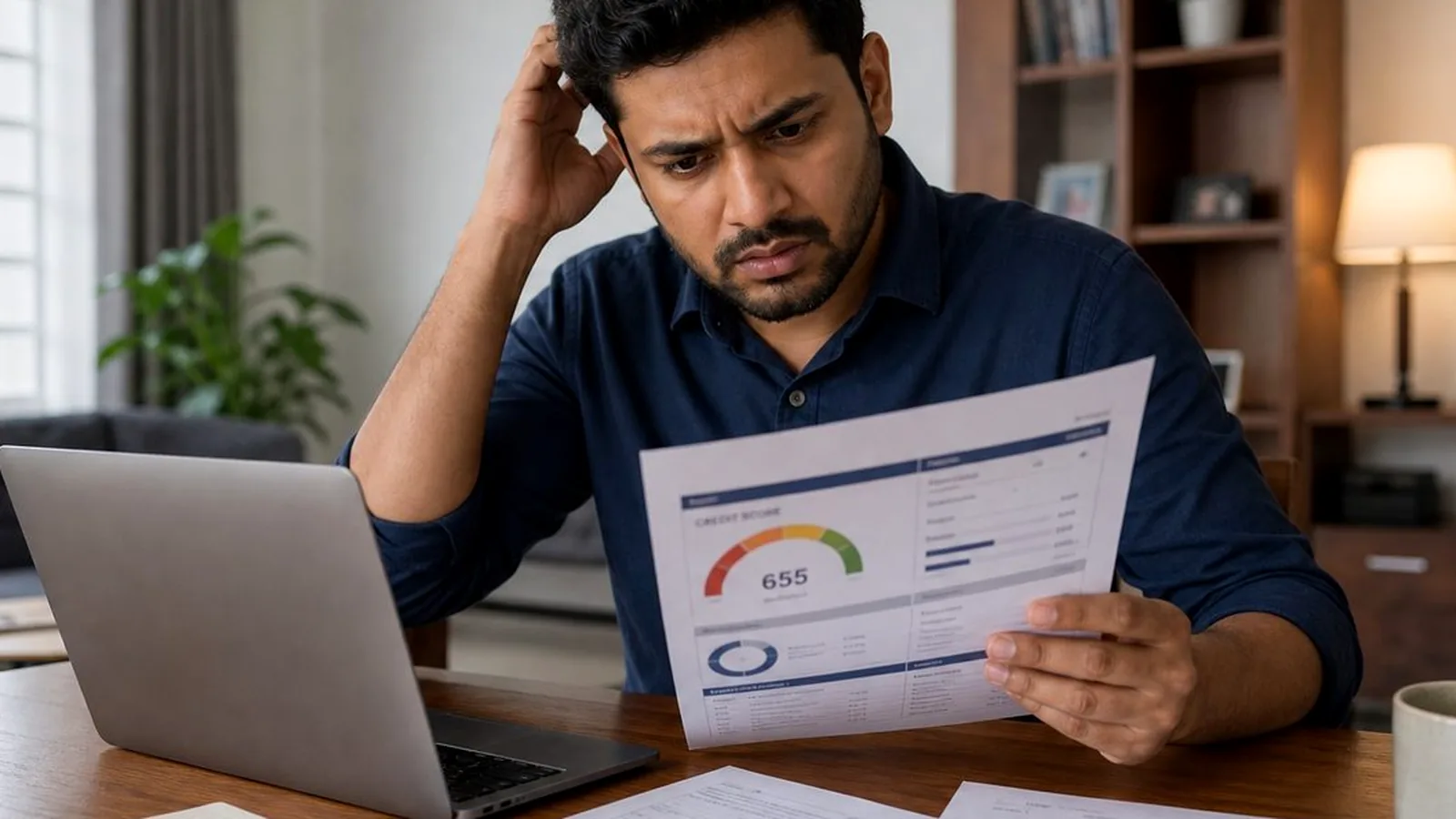 Indian salaried professional checking a credit card app after crossing the spending limit at home