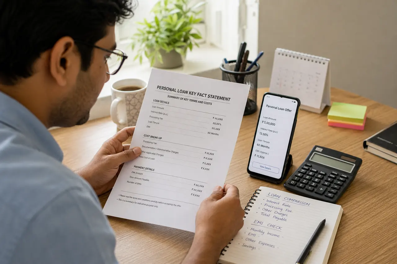 Indian borrower reviewing a personal loan Key Fact Statement with a calculator and phone loan offer