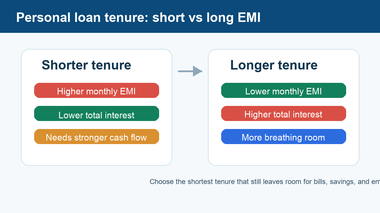 Infographic comparing shorter and longer personal loan tenure with EMI and total interest trade-offs