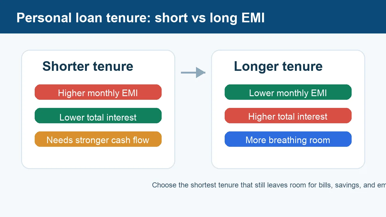Infographic comparing shorter and longer personal loan tenure with EMI and total interest trade-offs