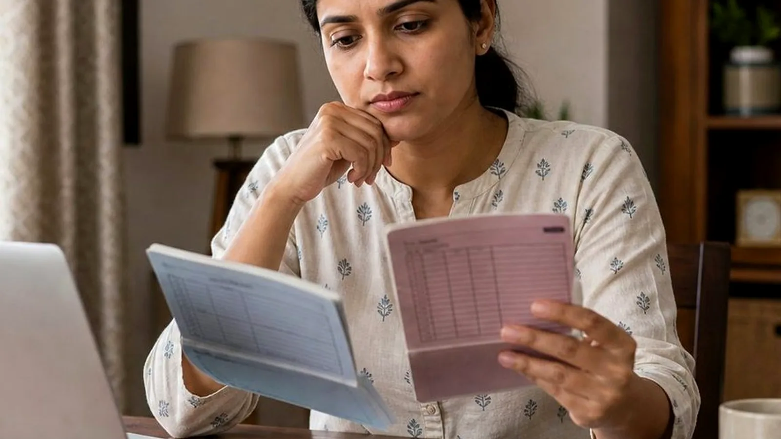 Indian credit card user checking reward points on a laptop and mobile app at home