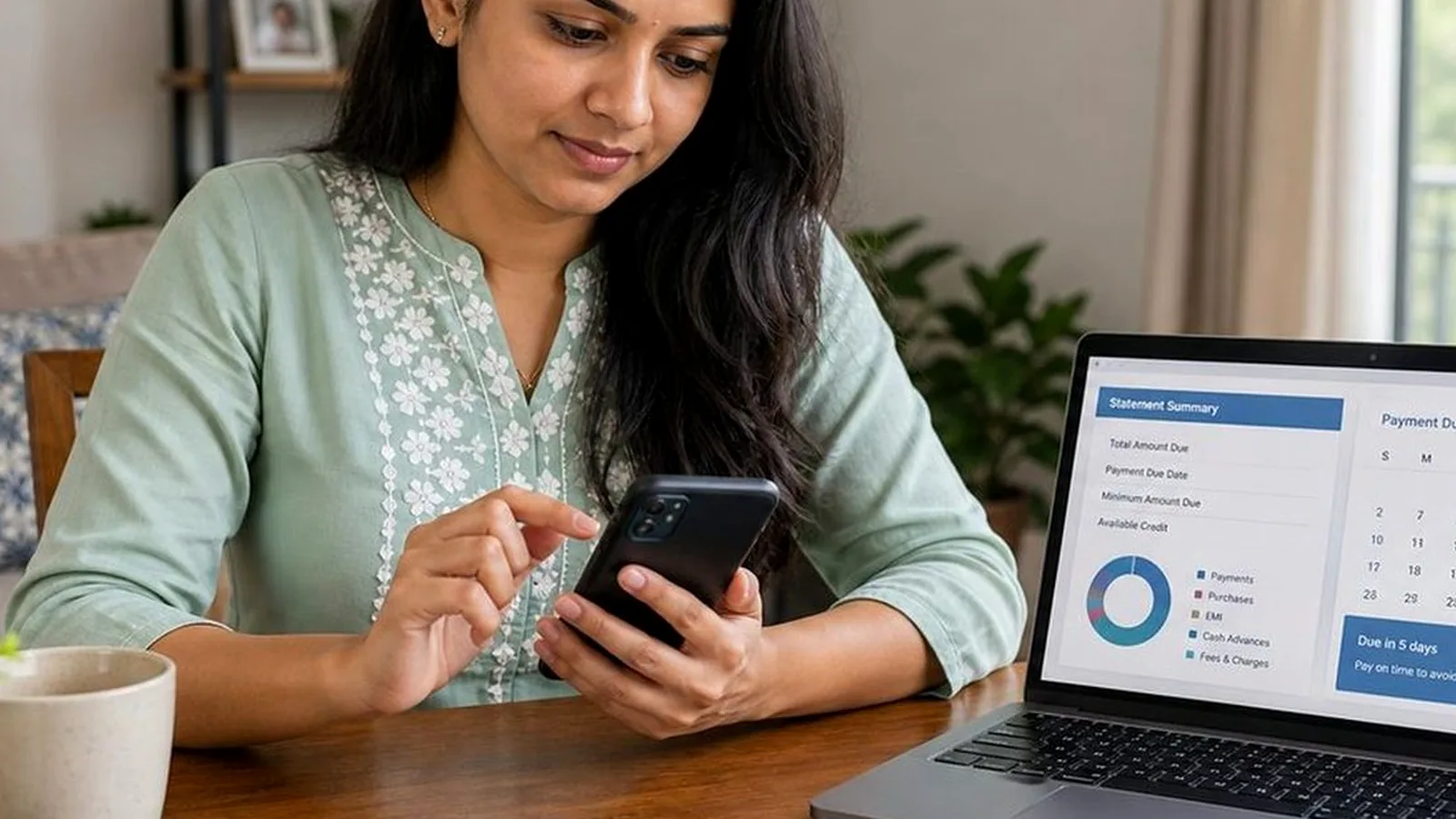 Indian salaried woman comparing reward redemption options and expiry reminders on her phone