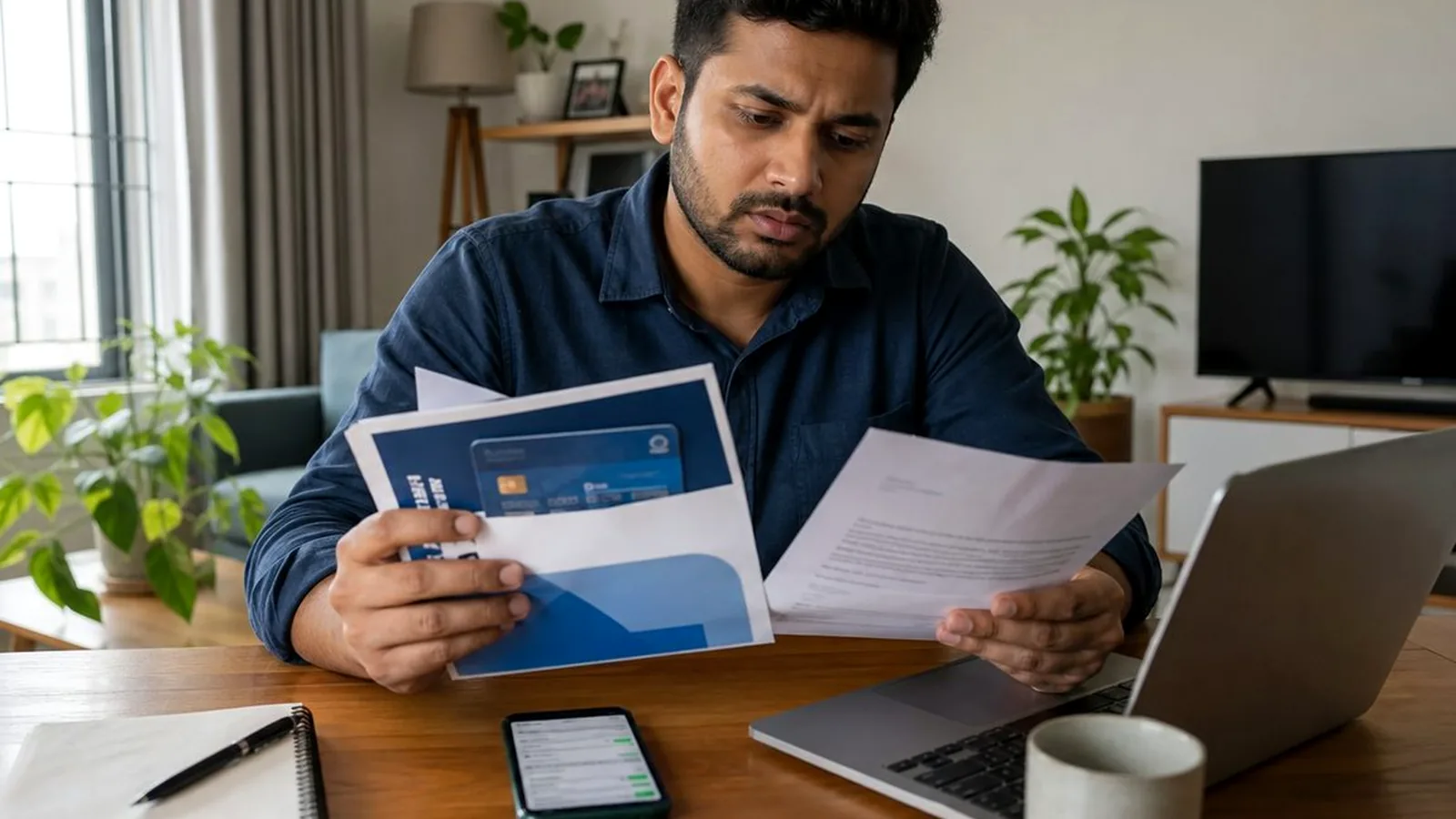 Indian salaried professional reviewing bank charges after a job change on a phone and laptop