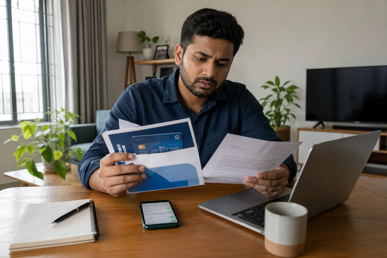 Indian salaried employee reviewing old salary account papers after leaving a job