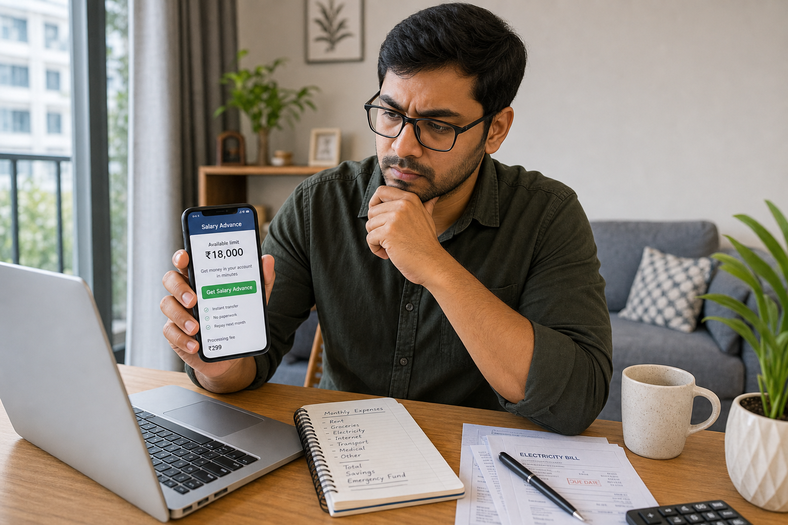 Indian salaried professional checking salary advance app on smartphone at home