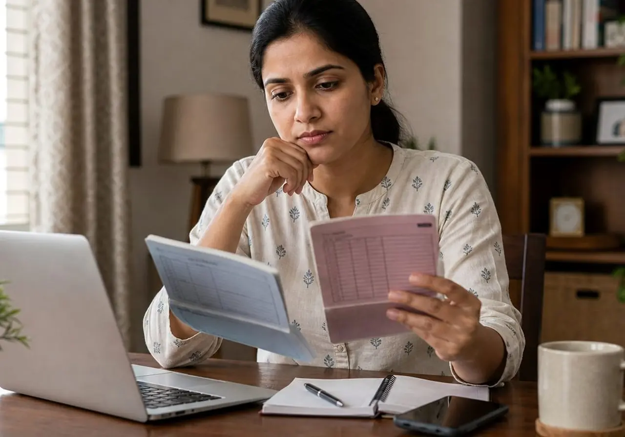 Indian salaried man reviewing bank statement and salary transactions on a laptop