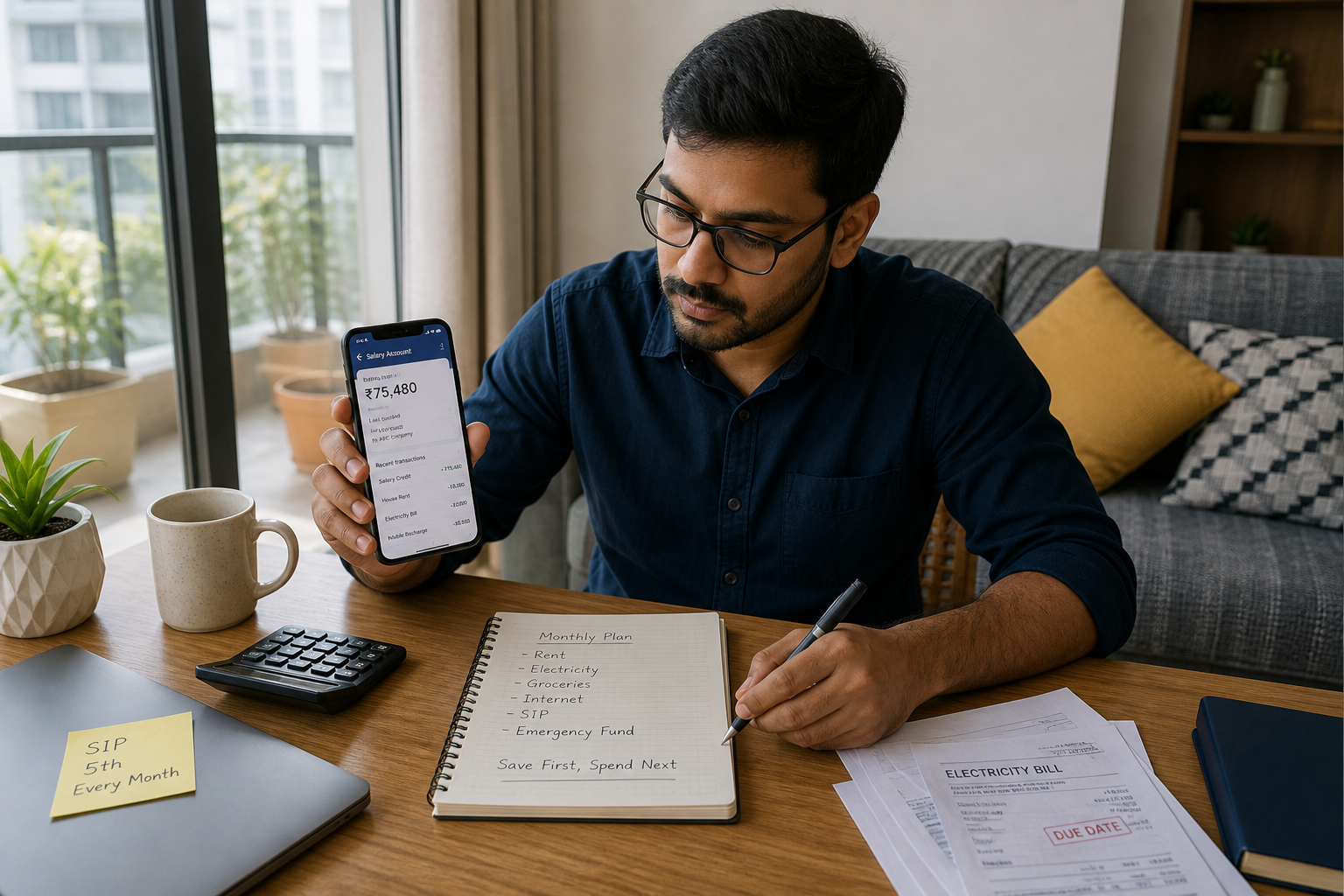Indian salaried employee organising a monthly paycheck plan