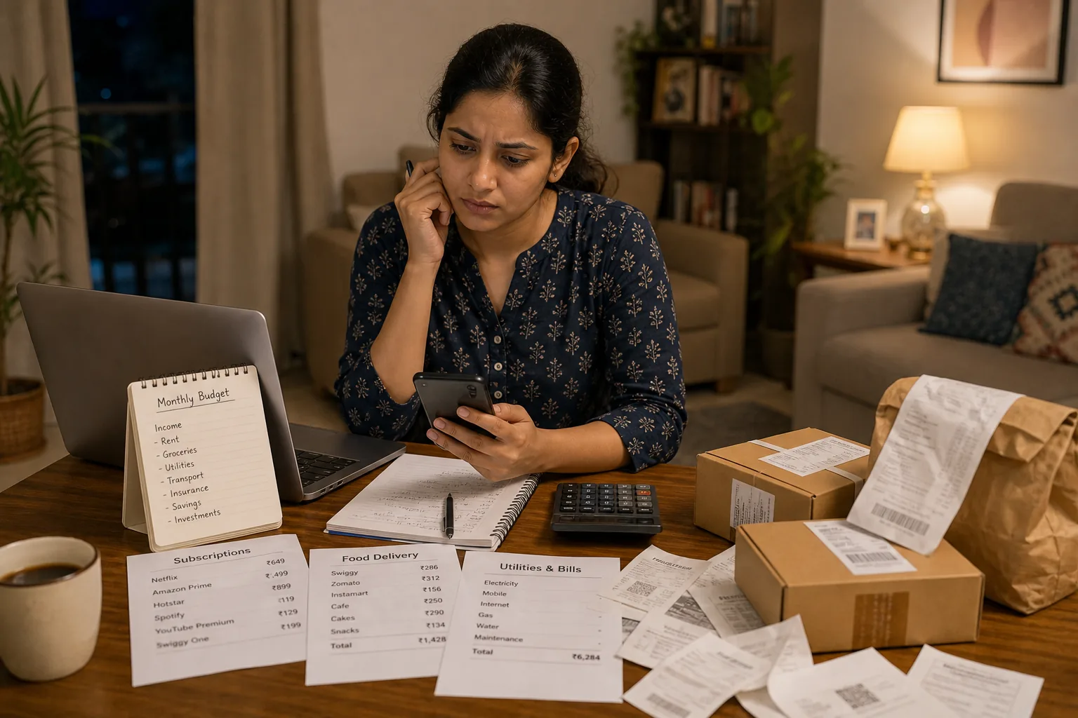 Indian salaried woman reviewing bills, delivery receipts, and spending app after a salary hike