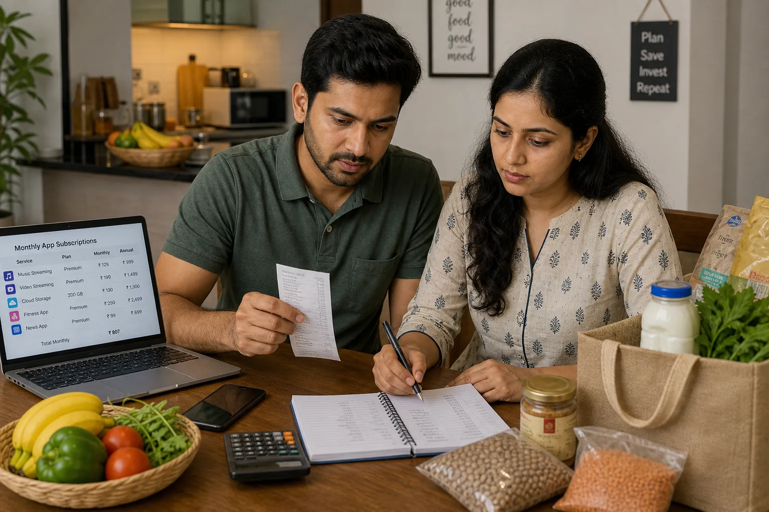 Indian couple comparing grocery bills, subscriptions, and household spending notes at a dining table