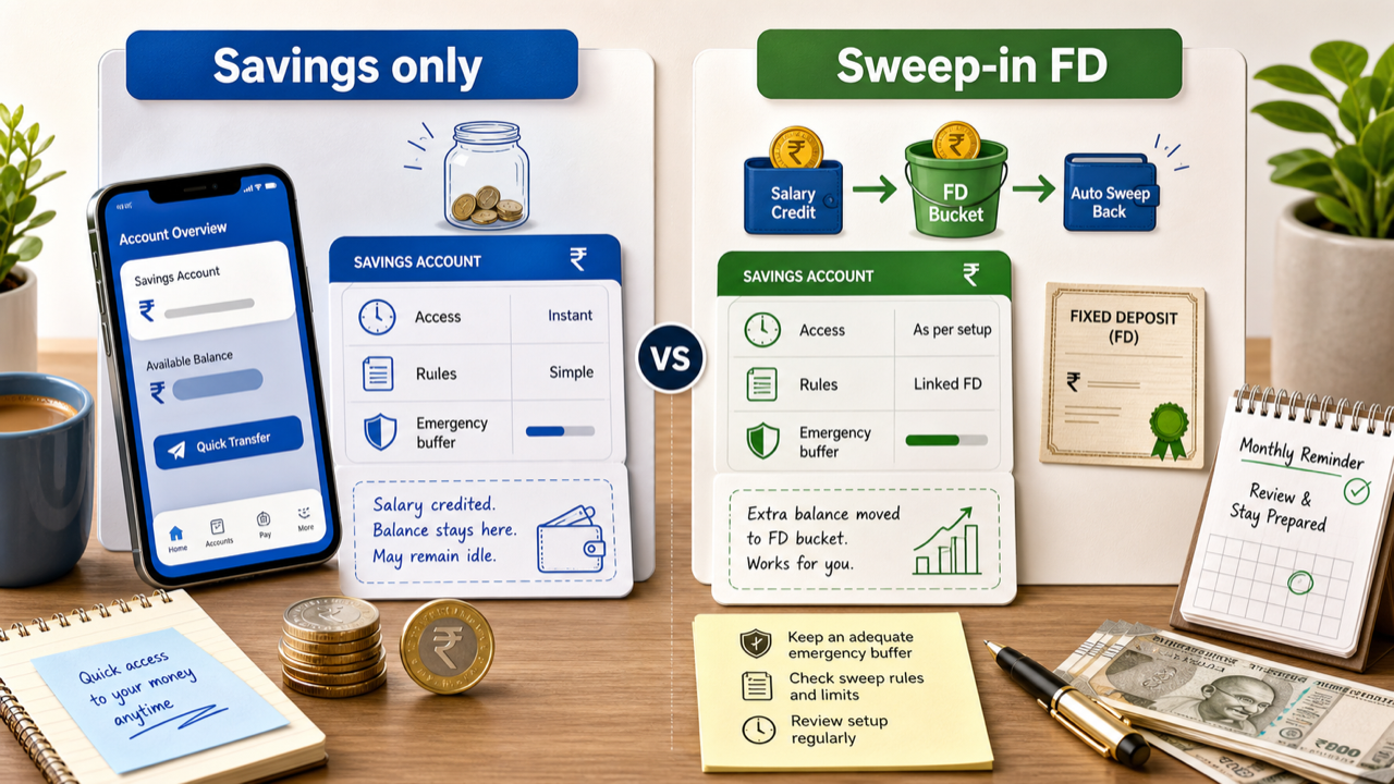 Comparison graphic showing savings only account setup beside sweep-in fixed deposit setup with access, rules, and emergency buffer notes