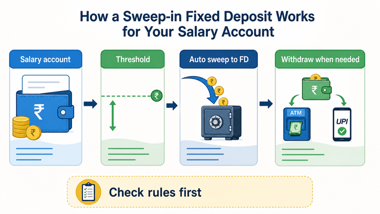 Infographic showing salary account balance moving above a threshold into a sweep-in fixed deposit and back for withdrawals