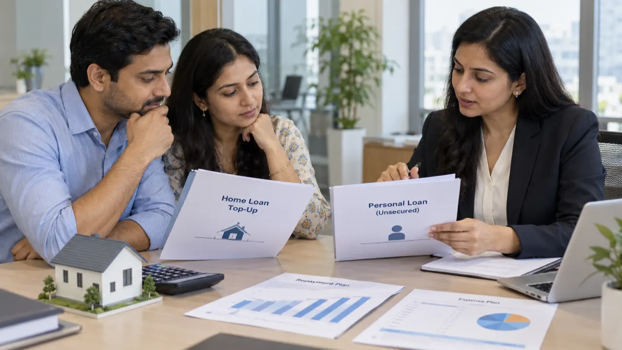 Indian couple comparing a home loan top-up and unsecured personal loan with an adviser